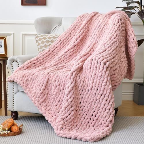 VBGYA Chunky Knit Blanket 40x40 Inch Blush Pink Soft Chenille Throw Blanket B... - 第 1/7 張圖片