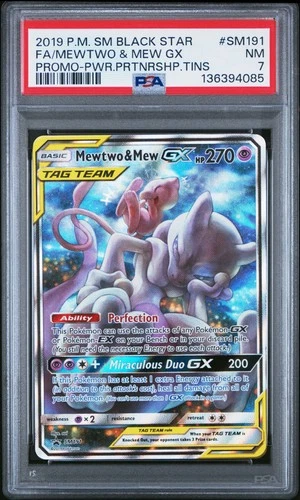 2019 Pokemon Black Star Mewtwo & Mew Gx Full Art #SM191 PSA 7 Pwr.Prtnrshp.Tins