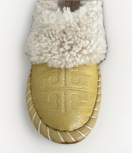 Tory Burch Cornbread Deer Leather Shearling Oversized Slipper Sz 7 NWB - Picture 3 of 11