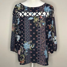 Signature Studio Boho Floral Print Blouse Lattice Cutout Qtr Sleeve Women L NWOT
