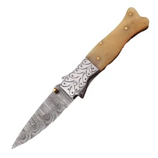 Custom Hand made Damascus Double Edge Blade Pocket Knife-Camel Bone Handle