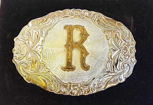 Vintage CRUMRINE Western Design Belt Buckle Silvertone Goldtone Letter R Initial
