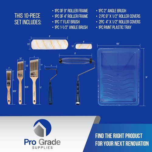 Pro Grade- Paint Roller Set, Paint Brush, Paint Tray - 10 Piece Set - Roller ... - Picture 2 of 8