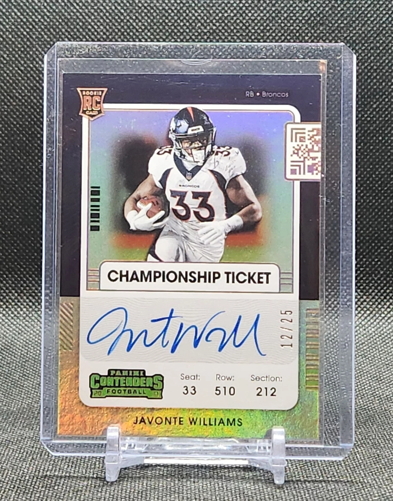 Javonte Williams Panini Playoff Contenders Rookie Ticket Rps Autograph Preview Set #115 Variation-Green