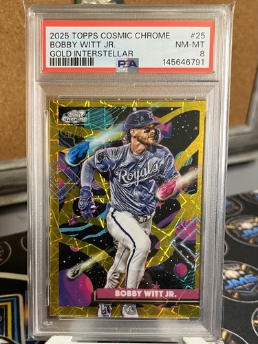 2025 Topps Cosmic Chrome Bobby Witt Jr. #25 Gold Interstellar Refractor/50 PSA 8