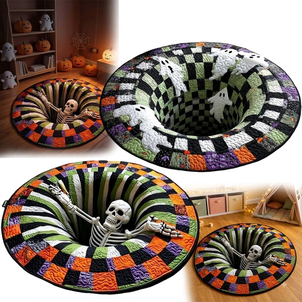Halloween 3D Vortex Round Rug, Novelty Ghost Skeleton 3D Optical Illusion Rugs