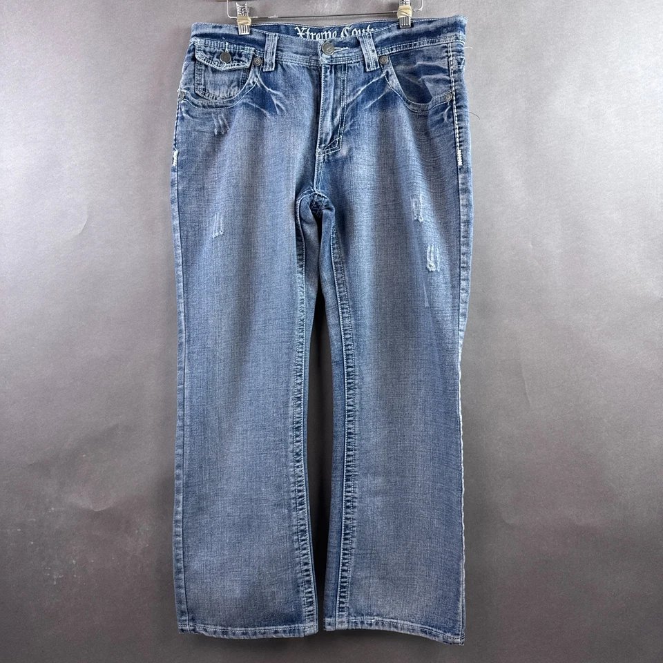 Pantalones de mezclilla Xtreme Couture para hombre 34x28 azules bordados Distress (etiqueta 34x30) Foto 3 de 4