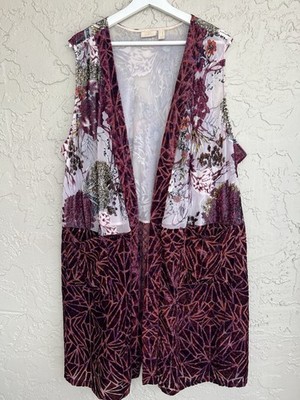LOGO Lavish Lori Goldstein Velvet Floral Long Robe Duster Cardigan Burgundy 2X