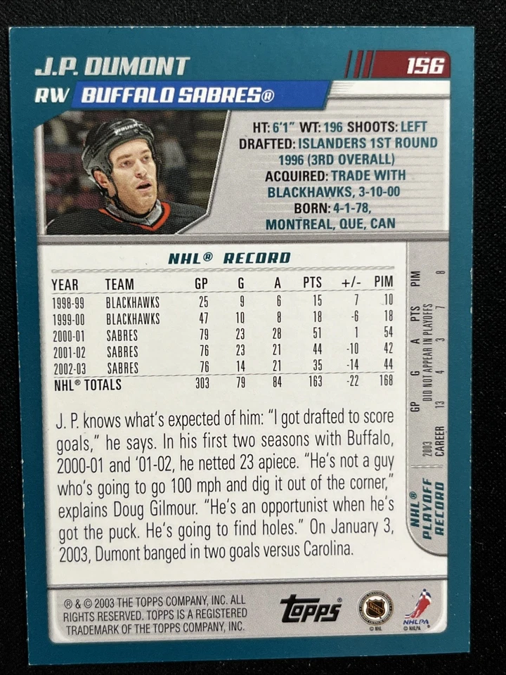 03-04 Topps Hockey Red Parallel 156 JP Dumont /100 - Image 2 of 2