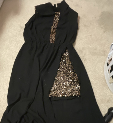 AKIRA Chicago Black Label Sequin Maxi Dress Sleeveless Black Gold Chiffon S