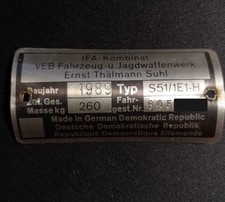 Original DDR Simson S51 Typenschild Originalteil