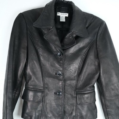 Y2K Bebe Moda Black Leather Jacket Women s Size 2 Zip Front Vtg 90s