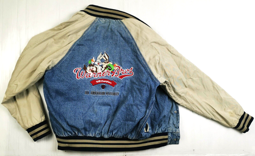 *HOT VTG Men WARNER BROS @ LOONEY TUNES EMBROIDERED VARSITY Denim JACKET Jeans S - Picture 3 of 13