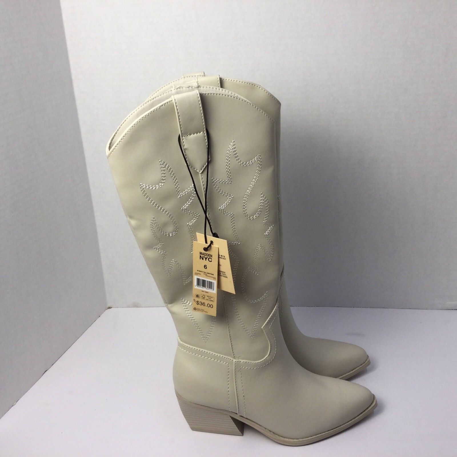 Madden NYC Women's Bone Ivory Faux Leather Tall Western Boots Size 6