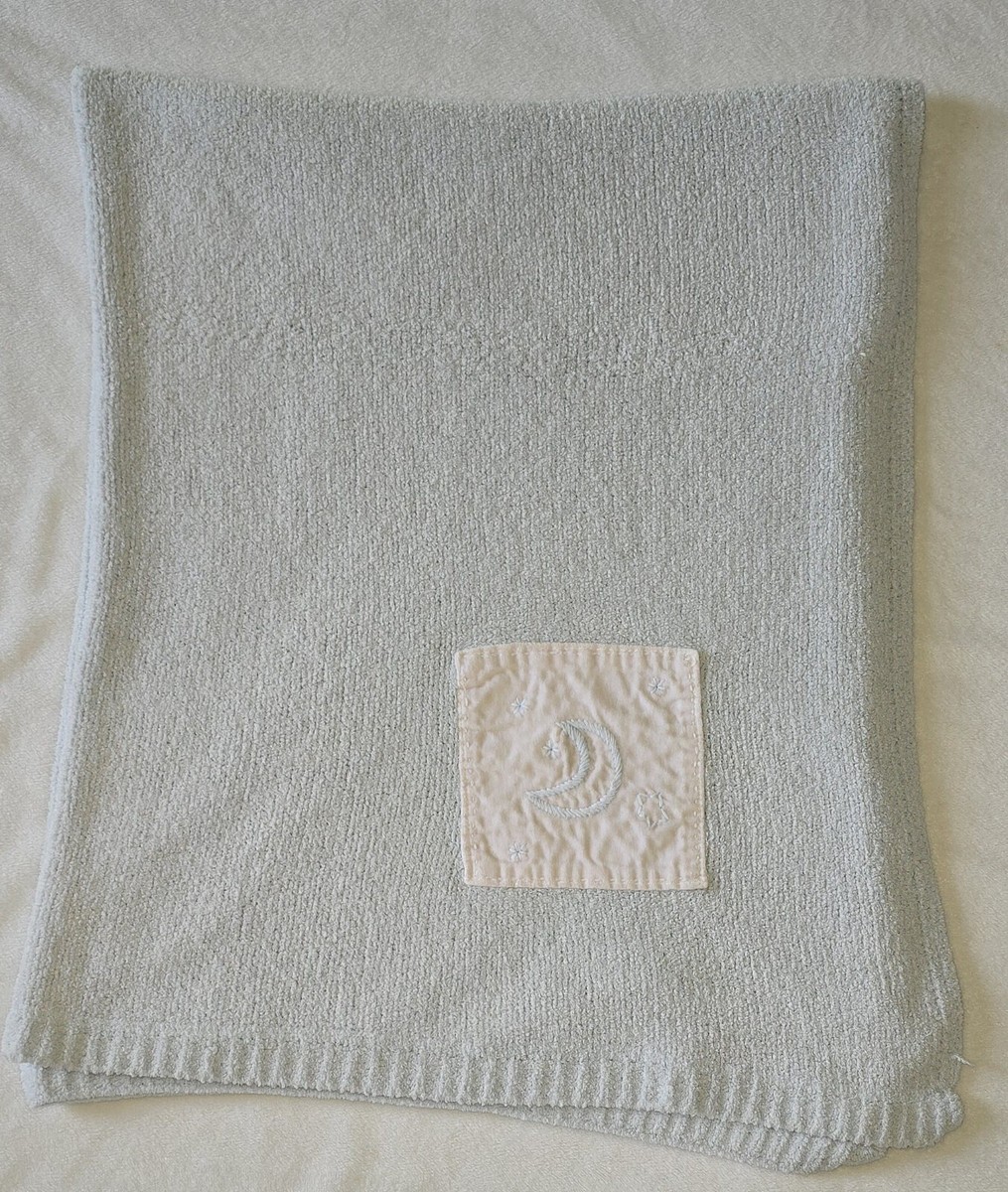 Pottery Barn Kids Blue Chenille Knit Baby Blanket Moon Star Square Patch