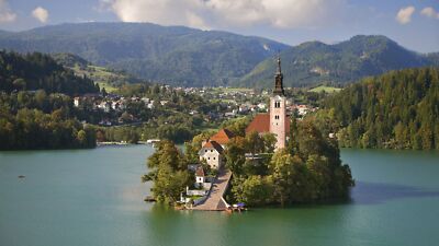 Landscape island lake bled slovenia church outdoors Custom Gaming Mat Desk