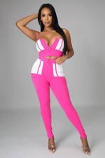 Pink White Sports 2 Pc Sleeveless Crop Top Leggings Set w/zip Closure. Medium.