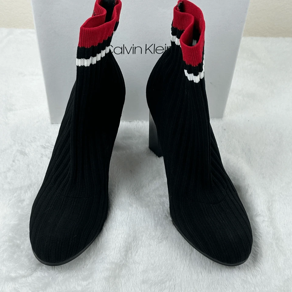 Calvin Klein Antonette Black and Red Ribbed Stretch Knit Ankle Boots size 9 - Image 3 of 4