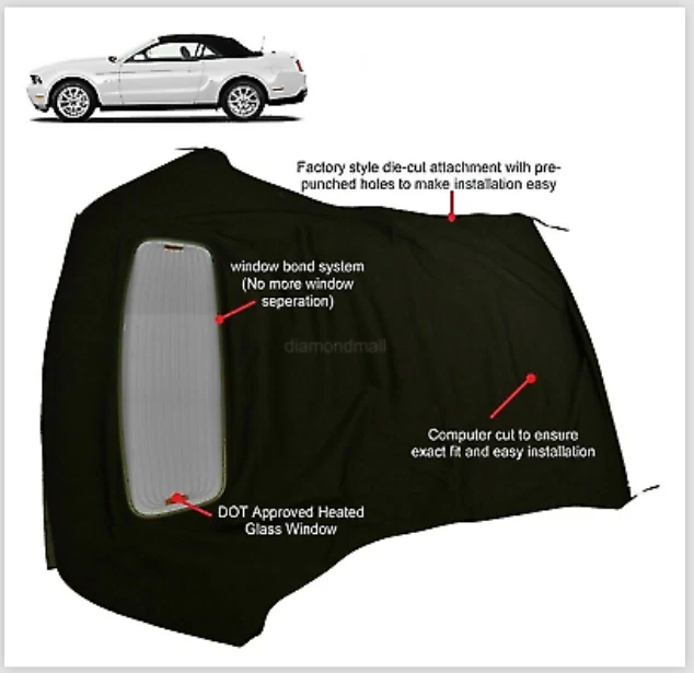 Pano de lona conversível soft top 2005-2014 Ford Mustang DOT vidro aquecido janela - Imagem 2 de 4