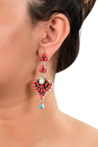 Natural Coral And Pearl Studded Silver Danglers Earrings For Women Wedding Item - Picture 3 of 3