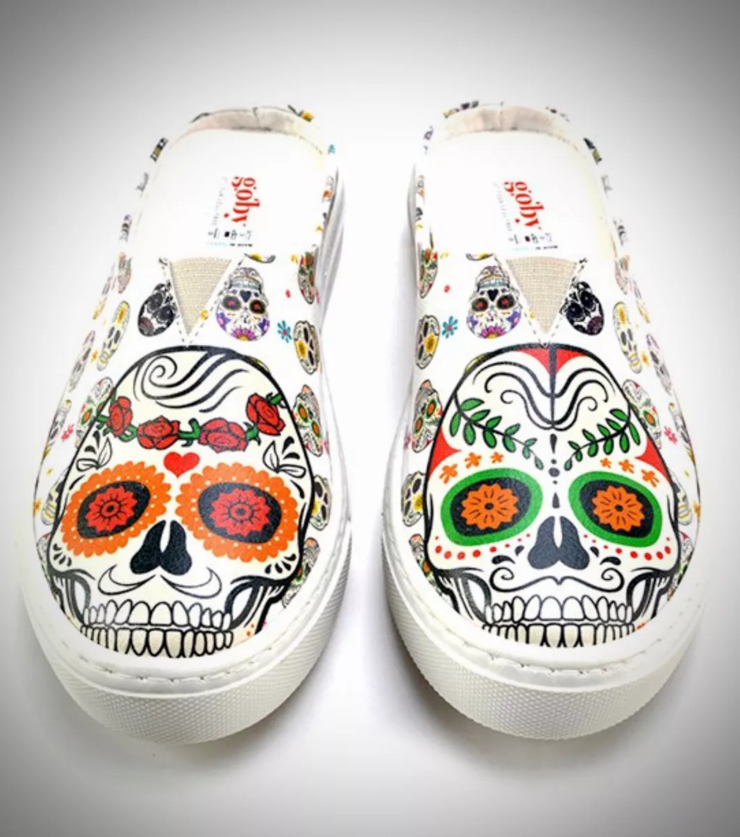Goby Hand Painted Orange Green Sugar Skull Mule Women. Size 39