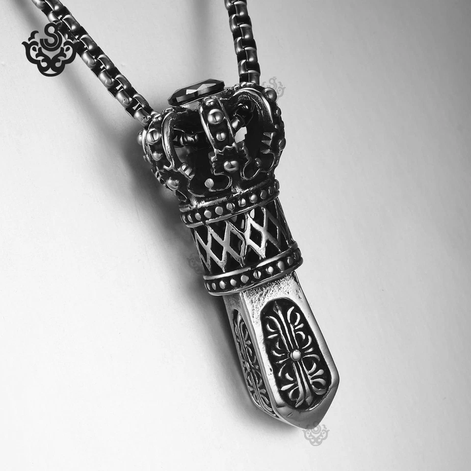 Silver crown pendant stainless steel black crystal Scepter necklace large heavy Foto 2 de 3