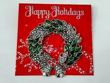 New JCP JC Penny Silvertone Green Red Enamel Rhinestone Christmas Wreath Pin