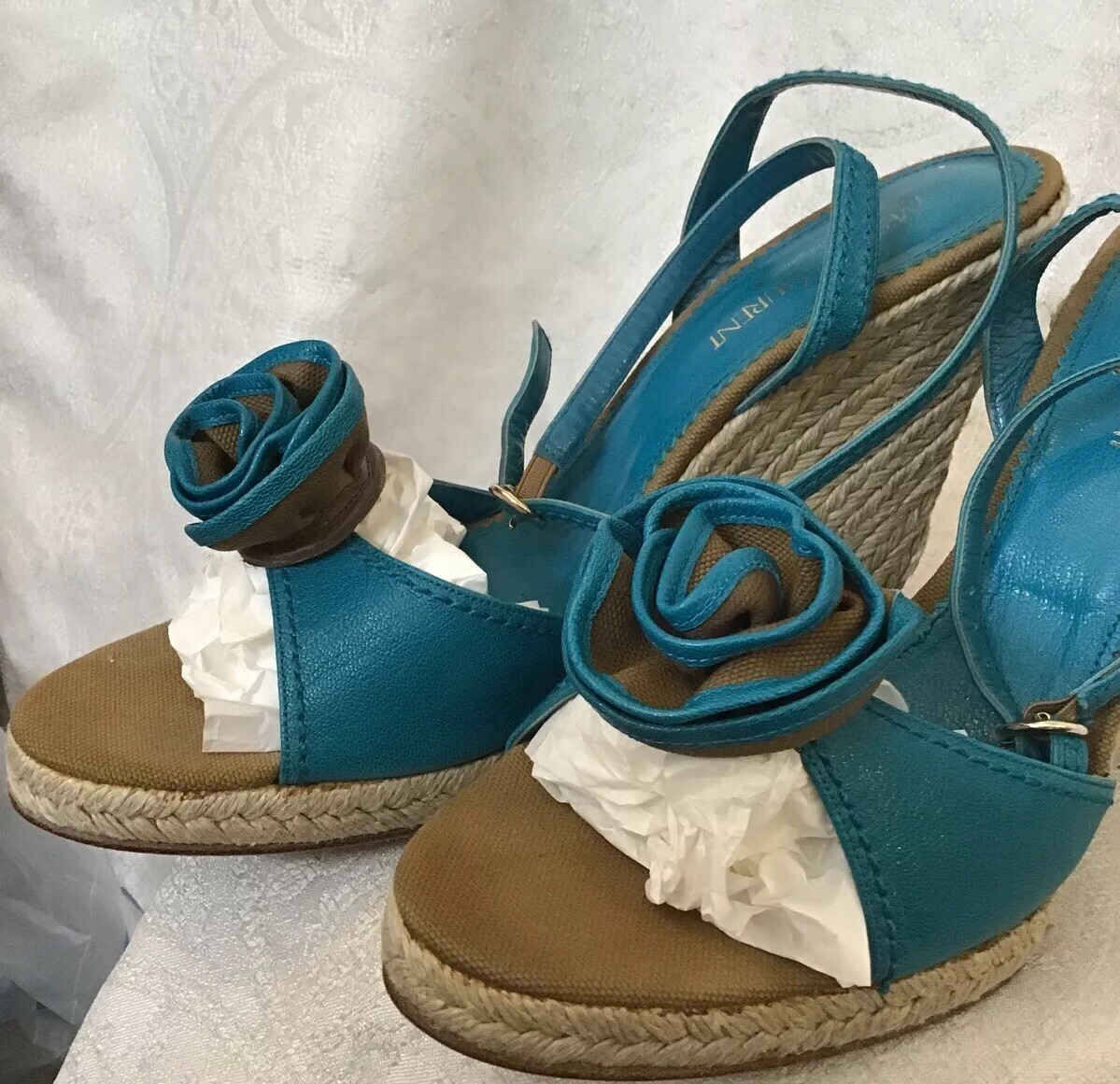 SAINT LAURENT Scarpe ysl pelle turchese zeppa corda stack guarigione clip rosa cinturino alla caviglia taglia 41