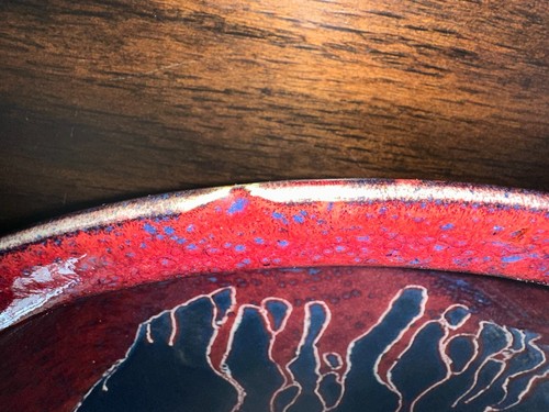 Bill Stewart LARGE Serve BOWL Red Blue White Fire Streak Drip Glaze Pottery Bowl - Picture 4 of 8