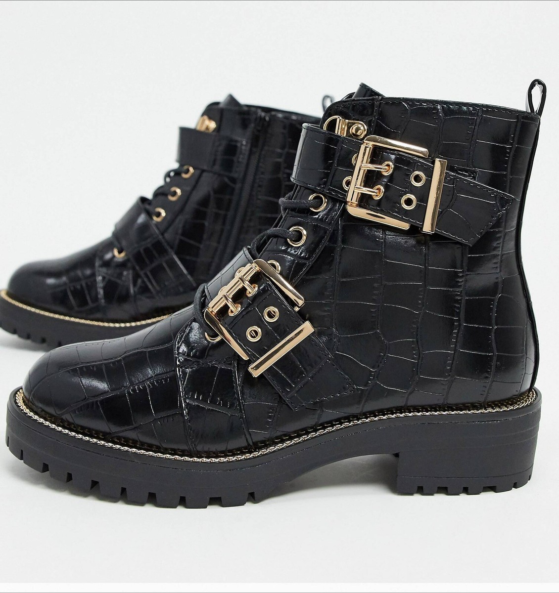 Asos Boots Womens 6 Black Croc Lace Up Gold Buckle Double Straps 
