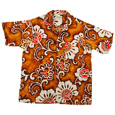 Vintage Hawaiian Shirt Mens Small/14 Barkcloth Orange 60s 70s Camp Floral Tiki