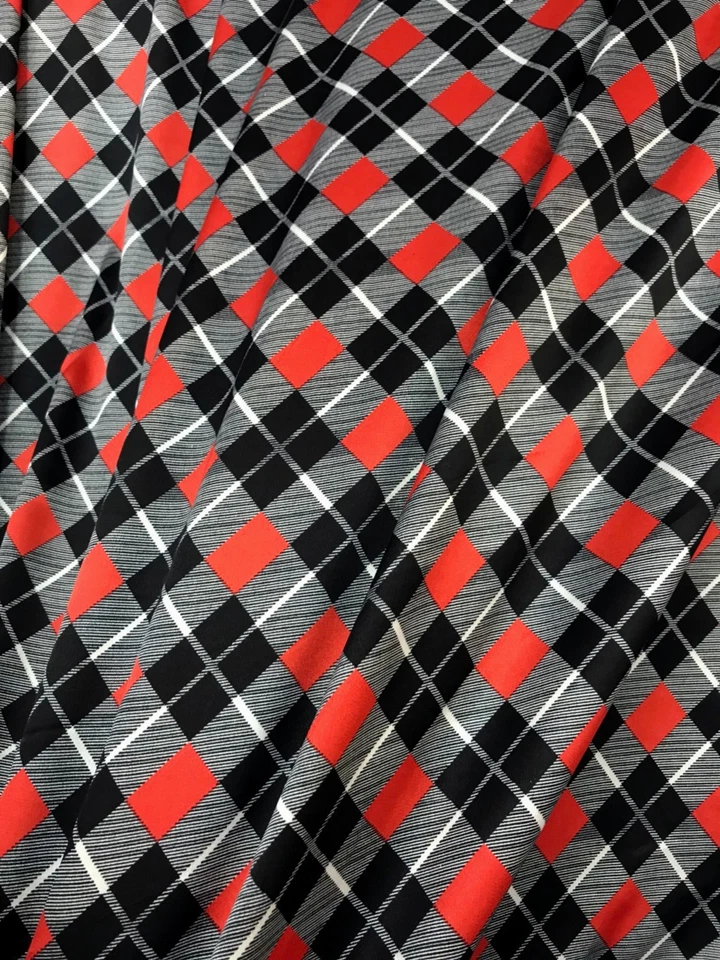Black Red Diamond Check Print Faux Silk Satin Fabric BTY Drape Shirt Scarf  - Image 4 of 4