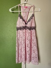 Betsey Johnson Intimates Pink and Gray Lace Chemise Nightie Babydoll Roses M EUC