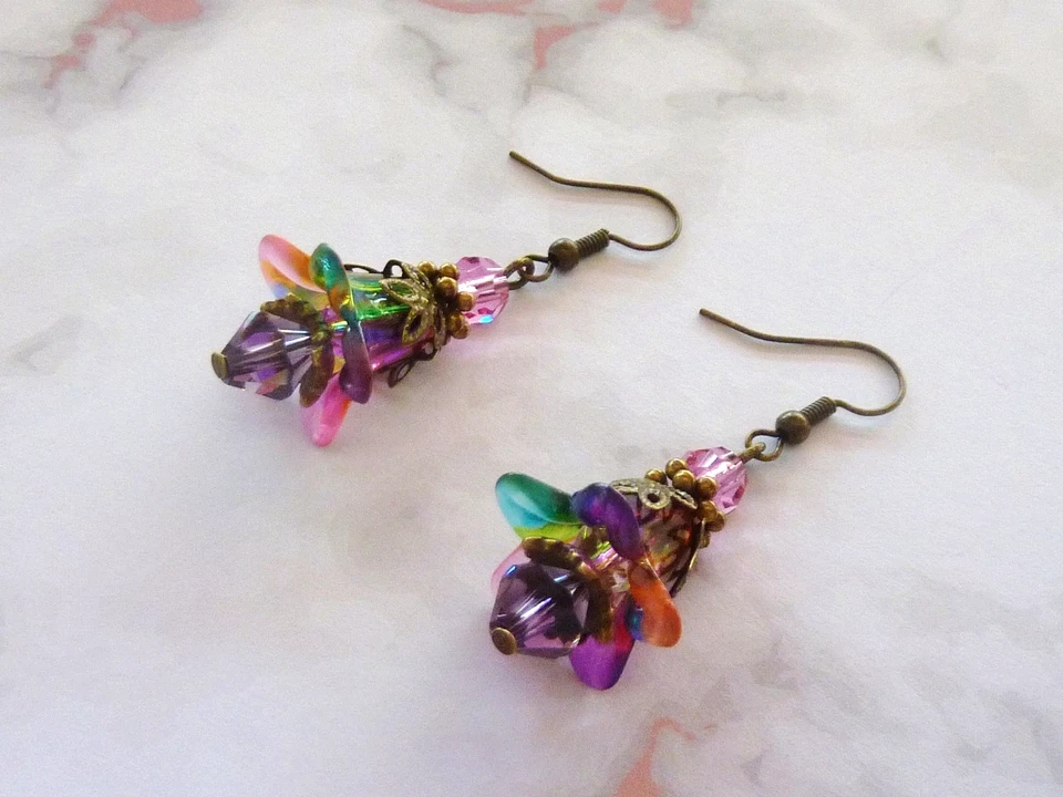 Bell Flower Earrings Hand Painted / Swarovski Crystal Beads SB10 - image 3 of 4