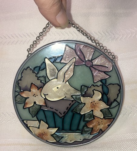 Vintage runder Buntglas Hase + Korb Fensterscheibe Sonnenfänger! - Bild 7 von 8