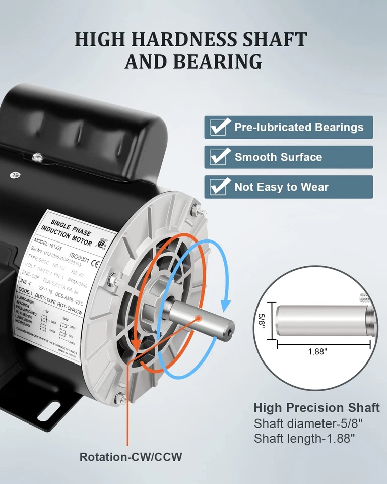 1/3HP Air Compressor Motor Single Phase 3450 RPM 56 Frame 5/8" Shaft Diameter - Image 4 of 4