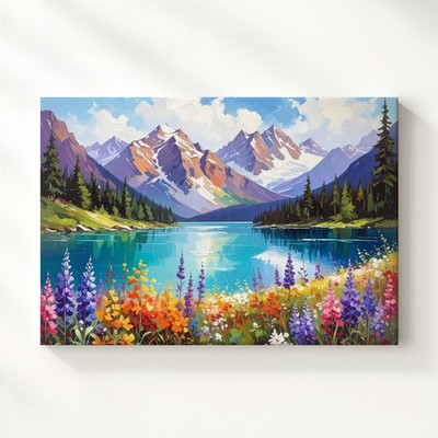 Alpine Bloom Vista Canvas Vibrant Wildflower Field With Turquoise Lake & Wall