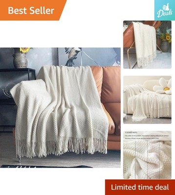 Stylish Cream Knitted Blanket with Bubble Texture & Tassels - Perfect Gift