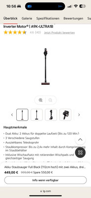LG CordZero A9K-ULTRA1B Handstaubsauger mit 2 Akkus