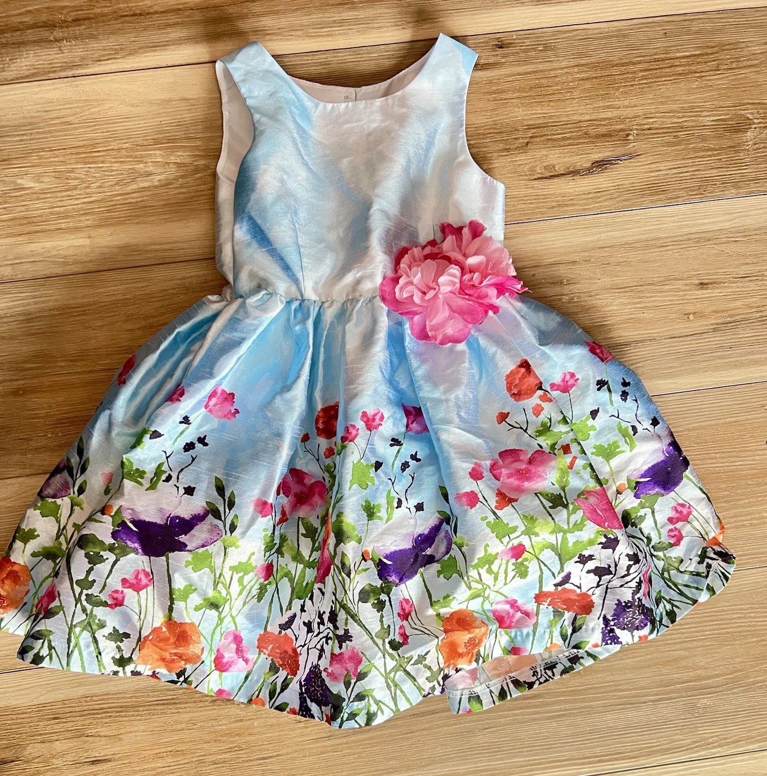 Girls Size 4 Floral Satin Party Dress - Blue Watercolor Wildflower w/ Pink Flowe