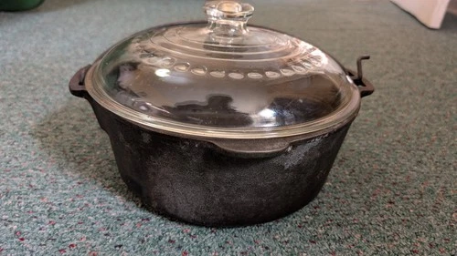 Wagner Cast Iron 5 Qt Dutch Oven 1268 With Pyrex Glass Lid 4.7 Liters