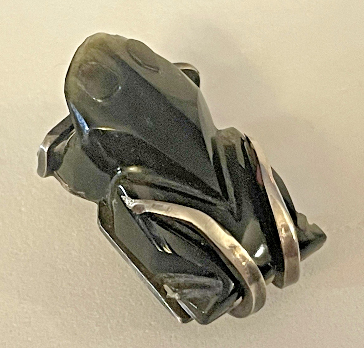 Frog Toad Brooch Tiny Sterling Silver Cabochon Gr… - image 1