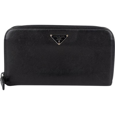 Prada Black Saffiano Leather Triangle Zip Around Wallet Portemonnaie Geldbörse