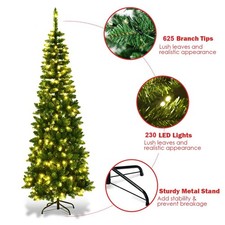 Christmas Tree Pre Lit Slim Pencil Green Artificial Bushy Pine XMAS Decor 7FT UK