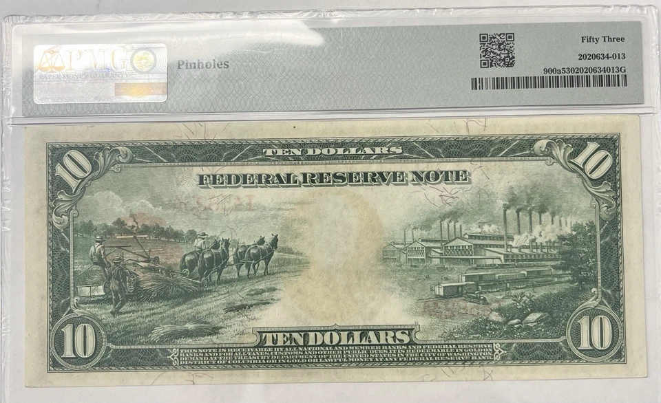 1914 $10 FRN Minneapolis District Red Seal FR 900a 53 About Uncirculated - Image 2 of 2