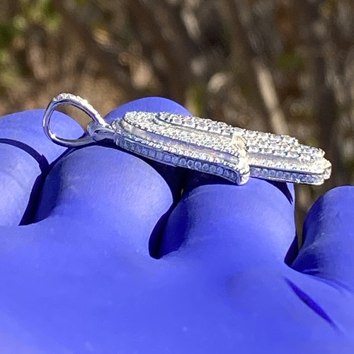Real 925 Sterling Silver Hamsa Hand Fatima Pendant Iced CZ 3D Amulet Charm - Picture 2 of 12