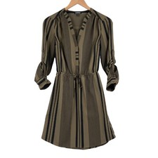 Express Short Dress Womens XS Olive Black Striped Cinch Waist V Neck Button