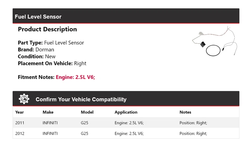 For 2011-2012 INFINITI G25 2.5L V6 Dorman Fuel Level Sensor Right Foto 2 de 4