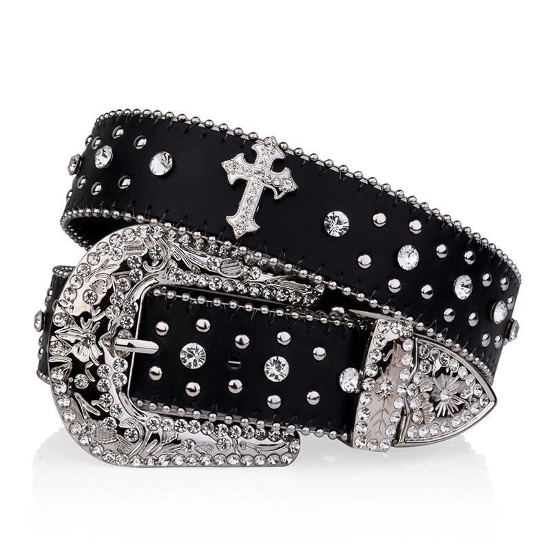Cross Rhinestone Studded Bling Black Leather Belt Western