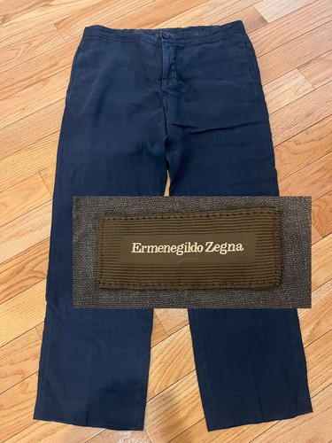 Linen Zegna Pants Chinos Mens Size 52 (35 US) Italy Navy Ermenegildo Lino Oasi